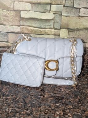 Quilted Light Blue Chain Shoulder Bag with Matching Wallet Inspired